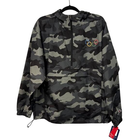 Champion Camo Jacket Mens Large Porsche Olympics Logo Stadium Gear Quarter Zip - Picture 1 of 13